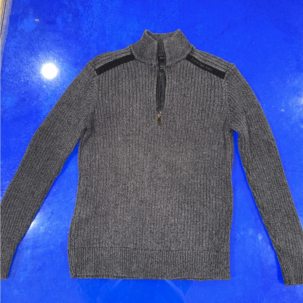 Calvin Klein Jeans Quarter Zip Sweater Grey Ribbed Knit Quiet Luxury Minimalist
